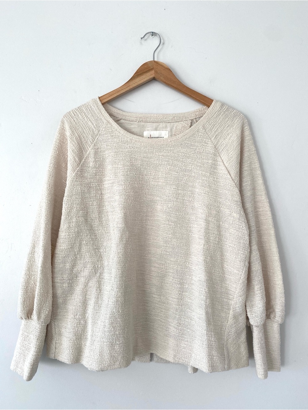 Anthropologie Cream Textured Crewneck Open Back Pullover Sz S Cottagecore